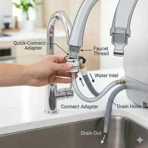 A helpful diagram showing how to connect portable dishwashers for sale to a standard kitchen sink faucet.