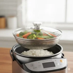 Fresh broccoli and carrots being prepared in the upper steam basket of a steamer rice cooker.