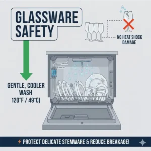 Illustration of delicate wine glasses being cleaned safely in a low temp dishwasher to prevent heat damage.