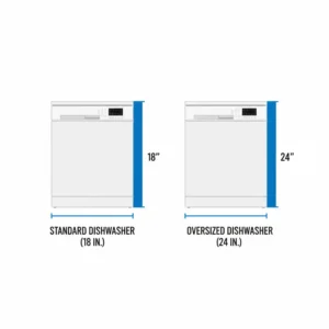 Side-by-side comparison illustration showing the width difference between a standard and an oversized dishwasher.
