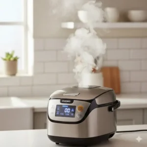 Steam releasing from the top valve of a cuckoo low carb rice cooker during operation.