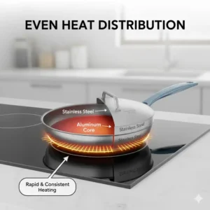 Technical diagram in this wolfgang puck cookware review showing even heat distribution and the aluminum core.