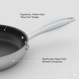 The ergonomic stay-cool handle design featured on premium viking nonstick cookware products.