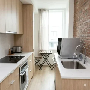 A wide shot of a small apartment kitchen featuring portable dishwashers for sale as a space-saving solution.