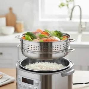 Using a steamer rice cooker for simultaneous cooking of rice and steamed fish.