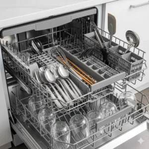 Close-up illustration of the third rack in an oversized dishwasher used for extra cutlery and large utensils.