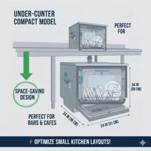 A technical drawing of a space-saving undercounter low temp dishwasher for small bars or cafes.