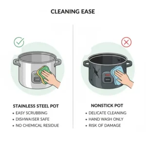 A comparison showing how easy it is to maintain and scrub a rice cooker without nonstick inner pot.