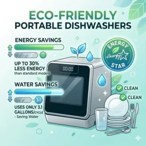 A graphic highlighting the energy and water savings of our top-rated portable dishwashers for sale.
