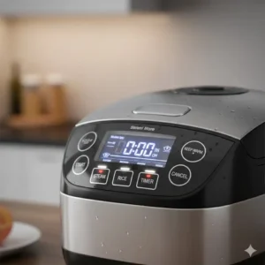 Close-up of the digital interface and functional settings on a steamer rice cooker.