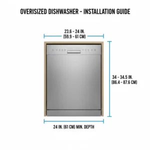 Technical illustration showing the height and width measurements for installing an oversized dishwasher.