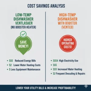 An infographic detailing the monthly utility savings from using a low temp dishwasher without a booster heater.