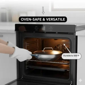 Demonstrating the oven-safe capabilities of the set for a detailed wolfgang puck cookware review.