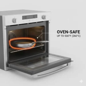 Infographic showing that viking nonstick cookware is oven safe up to 500 degrees Fahrenheit.