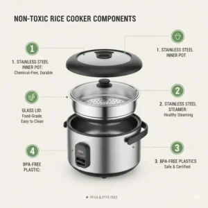 Detailed diagram of the safe components found in a professional rice cooker without nonstick coating.
