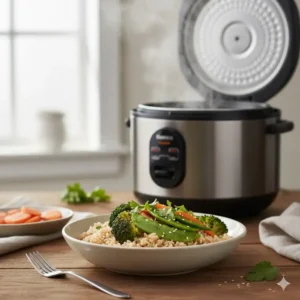 A healthy bowl of brown rice and greens made with a multi-functional steamer rice cooker.