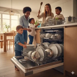 A large family loading an oversized dishwasher to demonstrate its high-volume cleaning capacity.
