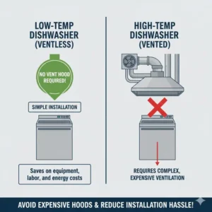 Illustration highlighting that a low temp dishwasher does not require a complex steam ventilation hood.