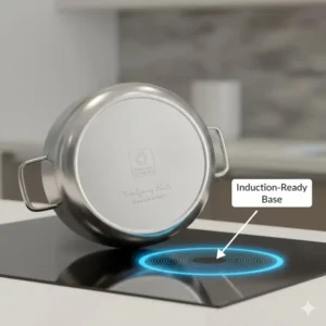 The bottom of a pot showing induction compatibility, a key focus in our wolfgang puck cookware review.