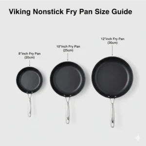 A size comparison chart for various pans and pots within the viking nonstick cookware line.