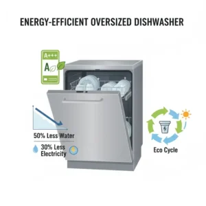 Illustration highlighting the energy efficiency and water-saving features of a modern oversized dishwasher.