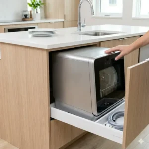 Showing how easily portable dishwashers for sale can be tucked away under a kitchen island or cabinet.