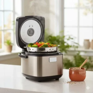 Steaming fresh vegetables and grains in a multi-functional rice cooker without nonstick for a healthy meal.
