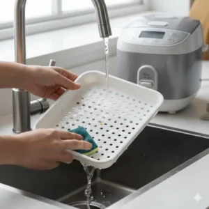 A person washing the removable BPA-free steam tray from a steamer rice cooker.