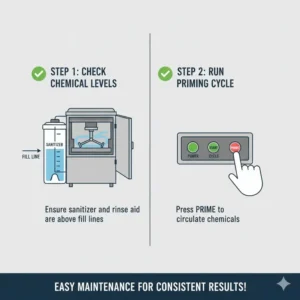 A step-by-step guide illustration for checking sanitizer levels in a commercial low temp dishwasher.