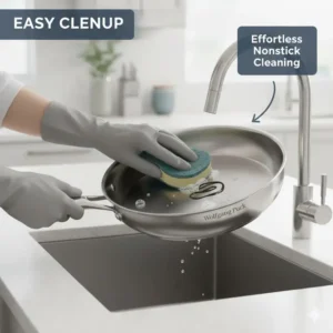 Showing the easy cleanup process under a kitchen faucet for this wolfgang puck cookware review.