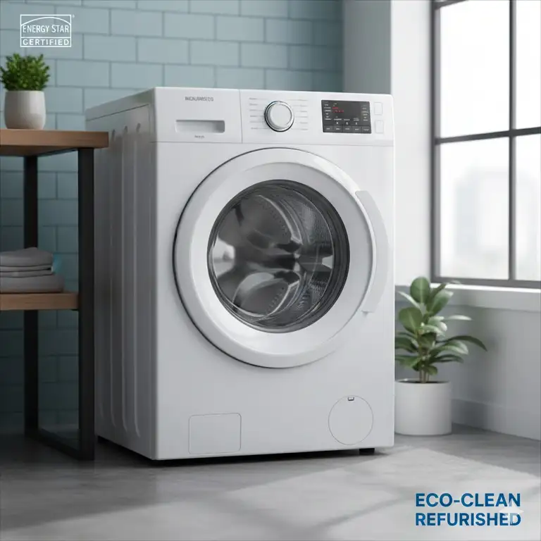A high-end refurbished washer in a modern laundry room setting.