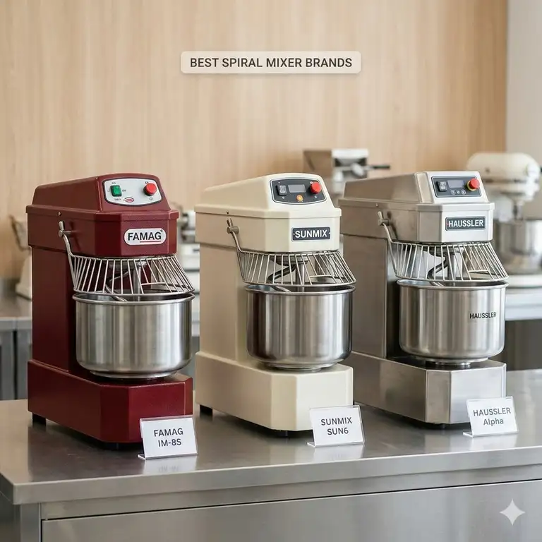 A professional comparison showcasing the best spiral mixer brands for commercial and home bakeries.