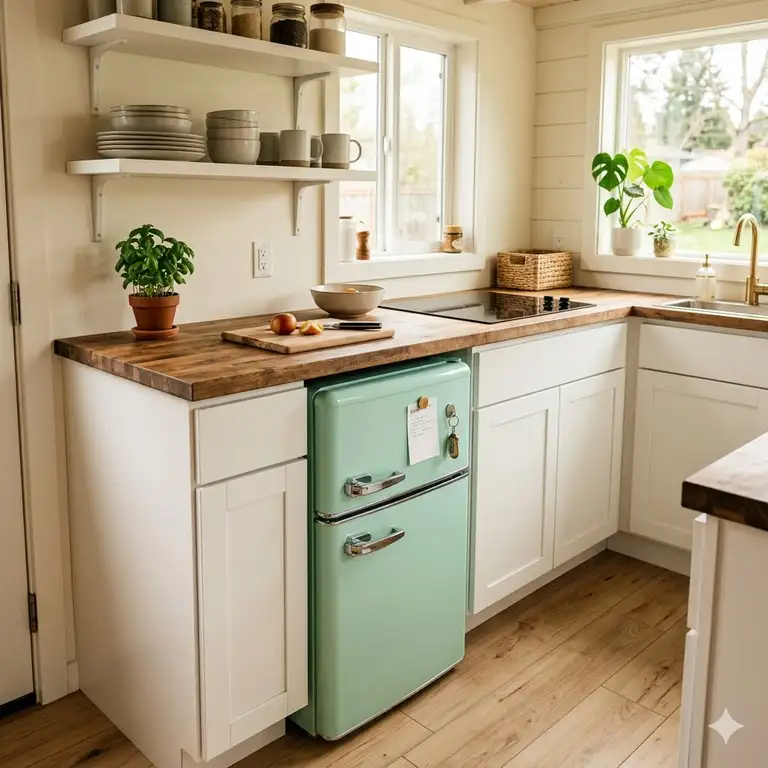 A sleek retro-style tiny house fridge integrated into a modern small kitchen with butcher block countertops.