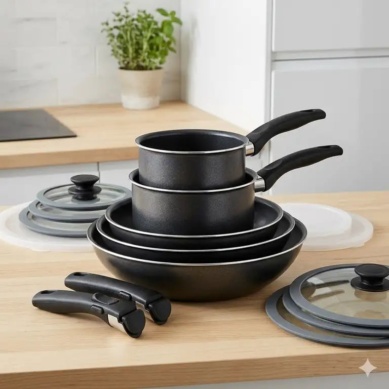 A premium detachable handle pan set stacked on a kitchen counter to highlight its sleek design and space-saving features.
