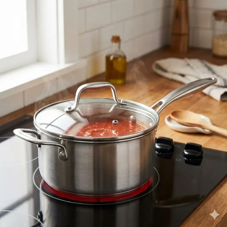 A high-quality brushed stainless steel sauce pan with a tempered glass lid sitting on a modern induction stovetop.