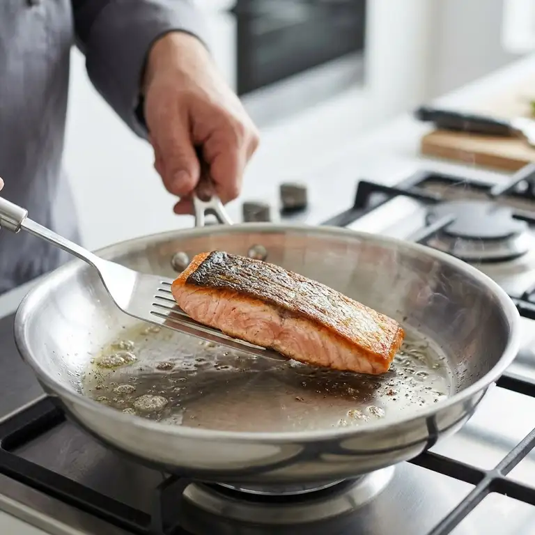 Featured Image: A professional chef showing how to use stainless steel pan without sticking by searing a salmon fillet.