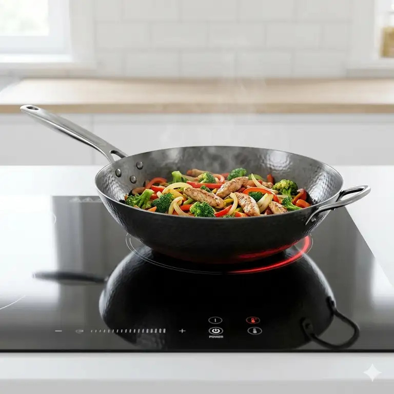 Featured Image: A professional carbon steel induction range wok placed on a modern induction cooktop with a digital display.