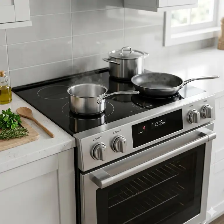 A sleek stainless steel induction freestanding range integrated into a contemporary kitchen.