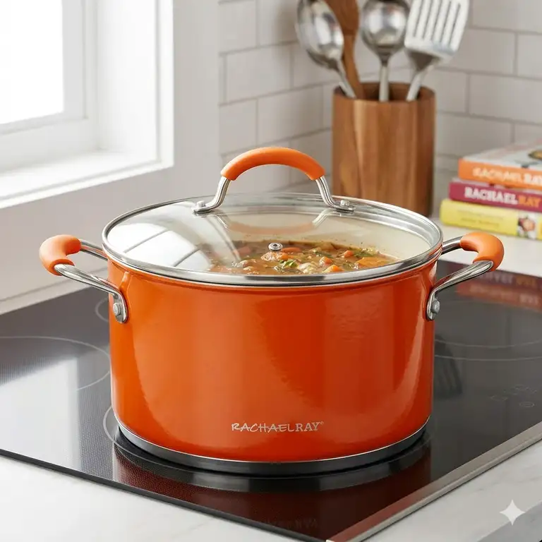 A featured image showcasing a signature Rachael Ray orange pot with a glass lid sitting on a modern stovetop.