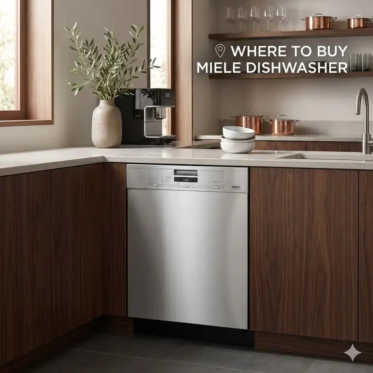 A sleek, stainless steel Miele dishwasher integrated into a luxury kitchen cabinet, highlighting where to buy premium appliances.