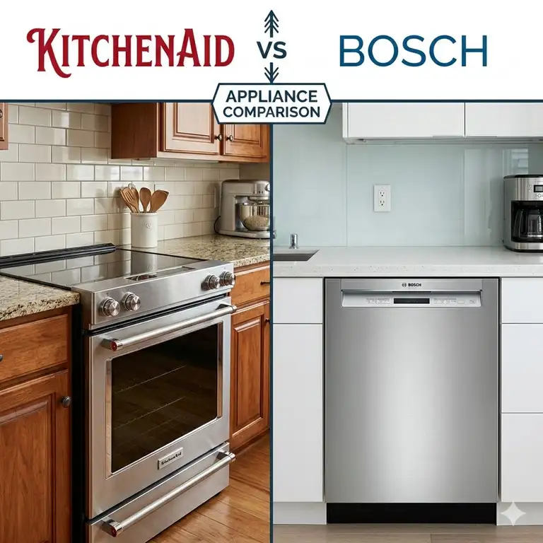 A side-by-side comparison of kitchenaid vs bosch appliances in a modern kitchen setting.