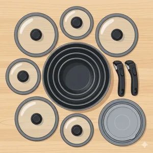 A complete detachable handle pan set showing all included pots, pans, and removable handles in an organized layout.