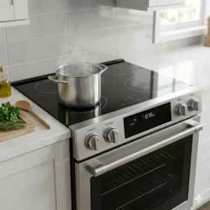 Illustration showing the electromagnetic copper coils beneath an induction freestanding cooktop.