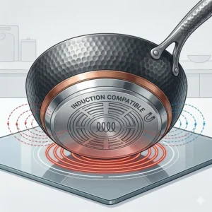 Illustration 1: Close-up illustration showing the magnetic flat bottom of an induction range wok for maximum efficiency.
