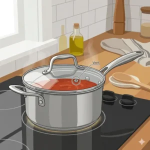 Close-up of a stainless steel sauce pan lid featuring a steam release vent and ergonomic handle.
