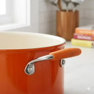 A detailed close-up illustration focusing on the easy-grip silicone handles of a Rachael Ray orange pot Dutch oven.
