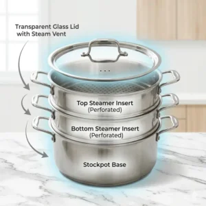 An illustrative diagram showcasing the multi-tier layered design of a stainless steel steaming pot.