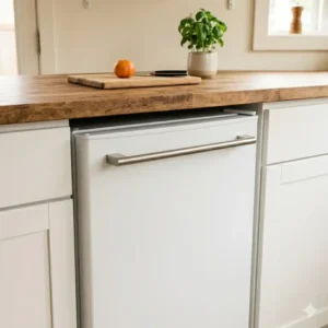 A stainless steel under-counter tiny house fridge tucked neatly beneath custom white cabinetry.