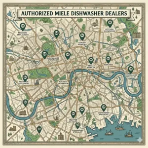 Illustration of a map with location pins indicating authorized Miele dishwasher dealers and local appliance showrooms for customers asking where to buy.