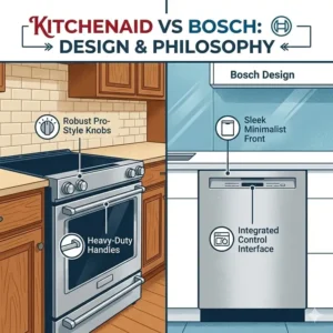 Comparison of kitchenaid vs bosch design styles highlighting professional handles and minimalist fronts.